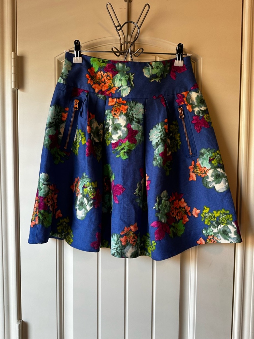 Anthropologie Maeve Blue Floral A-Line Circle Skirt with Zipper Pockets